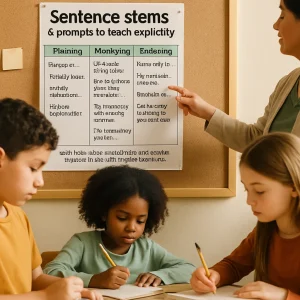 Photorealistic classroom scene centered on a large laminated poster titled 'Sentence stems & prompts to teach explicitly' divided into three clear columns: Planning (My goal is... / I already know... / I will try these steps... / I expect this will take...), Monitoring (What am I trying to do now? / Do I understand this? I can tell because... / This strategy is/isn't working because... / If it's not working, I will try...), and Evaluating (I succeeded in... / I got stuck at... because... / Next time I will... / One strategy I learned from my partner was...). A teacher points at the poster while diverse students in the foreground hold open journals, write these stems, and place sticky notes and pens; warm natural classroom lighting, shallow depth of field, high-resolution realistic textures, and a readable footer: 'Teach these stems, model them, and require students to use them in journals/peer-talk.'