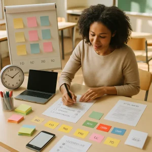 A photorealistic scene of a mid-30s diverse teacher at a sunlit classroom table assembling a rapid lesson-planning checklist. Vibrant sticky notes march along a 10–15 minute timeline on a flipchart as markers, stacks of notes, colored group-formation cards, a stopwatch and wall clock frame the plan; a hand moves cards and a pen checks boxes while a tablet, laptop and smartphone show blank screens and printed sheets and a rubric remain intentionally blurred—warm natural light and shallow depth of field highlight realistic classroom textures and focused motion.