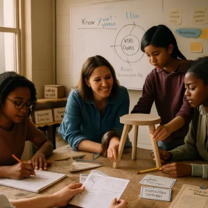 Candid photoreal scene of a diverse high‑school group building a three‑legged outdoor stool: a teacher kneels guiding students who measure and assemble on a cluttered worktable while one sketches a concept map and another consults a printed worked example and retrieval‑practice flashcards. Warm window light, shallow depth of field and 35mm perspective capture expressive faces; a whiteboard shows a K‑W‑L chart, a simple Kolb cycle and sticky notes reading "What surprised you? What confused you? What will you try next?", alongside a visible "Concept & Skills" rubric, an "Exit Tickets" box, peer‑feedback checklists and role name‑tags—an atmosphere of scaffolding, gradual fading of support and collaborative problem‑solving.
