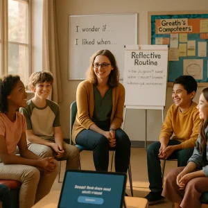 Photorealistic scene of a warm, lively morning circle: a diverse group of students and a teacher seated in a loose circle on chairs and cushions, naturally interacting—some speaking, others listening and smiling—bathed in morning sunlight with a soft, cinematic 50mm shallow depth of field. In the background a whiteboard and flipchart show handwritten sentence starters ('I wonder if…', 'I liked when…') and a flipchart titled 'Reflective Routine' with tidy bullets that emphasize strategies and process over praise; a colorful bulletin board labeled 'Growth & Competence' displays student strategy notes and project photos (not trophies) while a small poster subtly shows the Kolb learning cycle. In the foreground a tablet on a small table displays a clear button reading 'Please take the quiz to proceed' as part of classroom flow; composition leaves negative space at the top-left for an article title, and the overall mood is warm, collaborative, thoughtful and optimistic with realistic textures and natural skin tones.