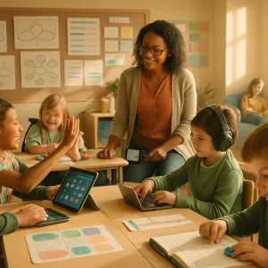 Photorealistic, sunlit modern classroom showing a diverse group of students—different ethnicities and genders, a student in a wheelchair, one wearing noise‑reducing headphones, another using a communication tablet—working in small heterogeneous groups while a central teacher gently facilitates. Hands-on and digital work: one table builds a tactile model, another collaborates with tablets and headphones, a student uses large‑print tactile materials and a fidget tool; visible scaffolding includes colorful graphic organizers, mind‑map sketches, laminated color‑coded rubrics, blurred exemplar samples, sentence‑starter strips with blank lines, icon vocabulary cards, and highlighted guided notes. Social‑emotional supports are evident (smiles, a high‑five, a calm breathing corner with soft cushions), a subtle timer suggests flexible pacing, and warm tones with shallow depth of field create a candid, richly detailed scene with no readable text.