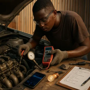 Photorealistic close-up of a young African auto technician in gloves and safety glasses working under the open hood of a petrol car; focus on the engine bay showing coil-on-plug ignition coils, fuel rail and GDI injectors, VVT actuator, EGR pipe and high-pressure fuel pump. Technician holds a basic multimeter and a handheld vacuum gauge (or improvised water manometer) while a smartphone nearby displays a waveform app; low-cost tools, inspection mirror, lamp and a clipboard with a handwritten checklist rest on a dusty bench against corrugated metal walls. Warm sunlight, shallow depth of field and high-detail textures give a documentary, instructional feel.