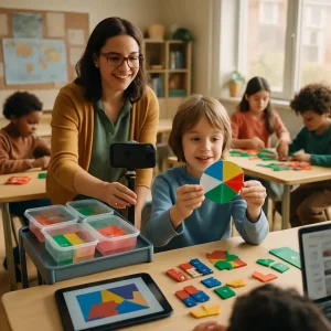 A warm, photorealistic documentary-style scene of an elementary classroom: a smiling teacher pre-assembles clear, color-coded kits on a cart while small, diverse student groups collaborate with fraction tiles, manipulatives and simple models. The teacher films a student demonstration with a smartphone on a tripod as another child holds up a handmade model for a photo; a tablet displays abstract geometric shapes and a laptop shows blurred thumbnails. Natural window light and shallow depth of field highlight authentic materials and textures, hands-on student outputs arranged for documentation, and a candid, encouraging atmosphere — no readable text.