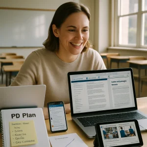 A candid photoreal 35mm scene of a mid-30s teacher at a tidy desk in a bright classroom, smiling and focused as warm sunlight highlights realistic textures and shallow depth of field. The laptop displays multiple dashboards labeled Khan Academy, OER Commons, PhET, ERIC and an OECD education report summary; a smartphone shows a Slack/Discord thread and a Reddit r/Teachers post; a printed binder titled PD Plan is peppered with sticky notes listing Google Forms, Anki, Kahoot, EdPuzzle, CK-12 and Google Classroom. A small tablet presents A/B thumbnails — left: students individually working with personalized playlists on tablets and headphones; right: whole-class pacing with the teacher leading — while a paper chart plots dispersion and student confidence metrics, evoking thoughtful, data-informed professional development.