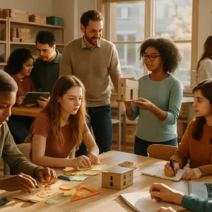 A warm, documentary-style photograph of a modern classroom makerspace where diverse adolescents engage in hands-on collaboration: a small group prototyping a physical model with tools and sticky notes, two students analyzing data on a tablet and debating evidence, a student presenting a mockup to attentive peers who take notes, another testing ideas on a laptop while sketching diagrams on a whiteboard (no legible text), and a teacher circulating and guiding. Natural, golden light, realistic textures and shallow depth of field create an intimate, high-resolution portrayal of 21st-century learning in action.