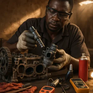 Photorealistic close-up of an African auto technician in a small dusty workshop, gloved and wearing safety glasses, removing and cleaning a VVT oil control valve (OCV) as nearby EGR valve and intake ports show carbon deposits. Warm directional sunlight through a corrugated roof and shallow depth of field put crisp focus on the VVT/OCV and EGR components while a rag, wire brush, spray degreaser, cheap OBD‑II reader, handheld vacuum pump, basic multimeter, flashlight and oil catch tray sit neatly on the bench—an instructional, realistic scene of low‑cost, safety‑minded diagnostic and maintenance work in a resource‑constrained African garage.