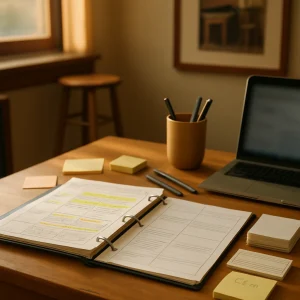 A sunlit teacher's desk in quiet readiness: an open, well-annotated lesson-plan binder with bright highlighter marks and blurred handwritten scribbles, scattered sticky notes and index cards, a neat stack of small blank exit-ticket slips and CER worksheet cards, pens in a cup and a laptop with a softened screen. In the midground a lone wooden stool beside an old shop counter—visible through a window or in a framed photograph—quietly evokes the 'stool for someone who no longer came.' Warm natural light, shallow depth of field and rich paper and wood textures create a thoughtful, ready-to-teach atmosphere.