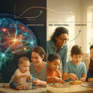 Editorial composite juxtaposing a left-side close-up of modern brain scans in vivid reds, blues and greens with semi-transparent glowing neural networks and highlighted synapses, a faint curve annotating a synaptogenesis peak around ages 2–4 and subsequent pruning; right-side a warm, naturalistic timeline of diverse learners — infant exploring with caregiver, preschoolers in sensory play, elementary students using manipulatives, early adolescents in a scaffolded debate, older teens doing independent research — with a teacher offering reassuring eye contact and peer collaboration threaded throughout. Subtle translucent infographic overlays map Piaget-style stages (sensorimotor → pre-operational → concrete → formal), arrows indicating myelination and network integration, cohesive color grading, soft cinematic daylight, shallow depth of field and high-resolution editorial header composition.