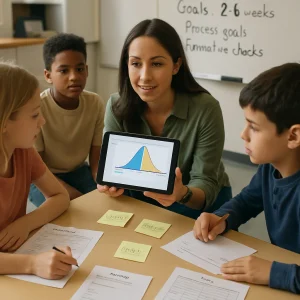 A candid, photorealistic classroom portrait of a diverse teacher kneeling with three students during a focused mini‑lesson. The teacher's tablet shows a diagnostic chart with a highlighted bell curve indicating high standard deviation; diagnostic papers, exit slips, sticky notes with strategies and a rubric lie on the table. A whiteboard behind lists Goals: 2–6 weeks, Process goals, Formative checks. Warm natural light, shallow depth of field and documentary composition create a supportive, results‑oriented mood suitable for an article on targeted interventions.