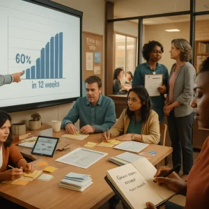 Warm modern staffroom transformed into a collaborative planning space: foreground a teacher points to a large projected screen with clear charts (bar chart annotated "60% → 80% in 12 weeks" and a bell curve with mean and SD highlighted) while another teacher writes in a reflective journal labeled "Observation · Insight · Next step." Midground a diverse group co-creates goals with sticky notes, a printed rubric and lesson-plan template, a tablet showing quick-survey student feedback and a pinned calendar marked "Teaching Lab Week 1–6." Background shows a coaching moment with a 20-minute observation checklist, a student focus group seen through a glass partition and a parent joining on a laptop. Intimate shallow depth of field on hands and charts, editorial color grading and authentic textures convey hopeful, purposeful collaboration; small details include evidence-only notes, anonymized student quotes, a tiny "small win" sticker board, coffee mugs and neat stacks of data snapshots.