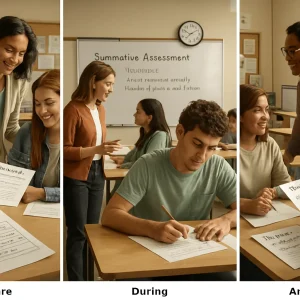 Panoramic photorealistic three-panel classroom: Left (Before) — teacher hands a clear rubric and high‑quality exemplar to a small group; close-up checklist on the desk with metacognitive prompts "What strategy will I use?" and "How will I check my work?" conveying warm, collaborative energy. Center (During) — quiet test setting with students at individual desks, precise instructions on the whiteboard, a supervisor answering a brief clarifying question, visible clock and a student using an accommodation (earbuds/extra‑time sheet). Right (After) — teacher returns papers with focused rubric-tied feedback, a small-group debrief, a student writing the reflective note "What I learned about my learning," and a teacher reviewing an objectives-met vs. unmet chart. Diverse students and teacher, natural daylight, warm neutral tones, crisp detail on hands, paper and expressions, shallow depth of field, with negative space at the top for a headline.