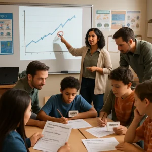 Photorealistic middle-school science scene: a diverse teacher in her 30s points to a projected line graph with labeled x- and y-axes, a rising trend and a red-circled anomaly while modeling a think-aloud strategy. In the foreground two pairs of students work with printed graphic organizers visible to the camera; prompts read "What does the x-axis measure? What trend do you see? What might explain the anomaly?" One partner reads as the other takes notes, each holding small role cards labeled "reader" or "reporter." Another teacher circulates in the midground, leaning over a student to ask a guiding question. Background details include a laptop projector, science posters, clipboards and a rubric/checklist pinned under the heading "Independence Criteria." Candid, engaged expressions, warm natural classroom lighting and a documentary photographic style with shallow depth of field keep both teacher and students in clear focus.