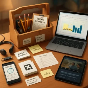 Photorealistic image of an open wooden toolbox on a tidy desk holding a curated mix of analog and digital classroom tools: printed short exit tickets and a folded paper pre-test, paper flashcards labeled "Spaced Practice", a neat stack of Plickers-style response cards, a rubric checklist with pen, sticky notes handwritten with "mean = AVERAGE(range)" and "stdev", a laptop showing a spreadsheet with =AVERAGE(range) and a bar chart, a tablet paused on an educational video with embedded question markers, a smartphone displaying an adaptive-learning dashboard, headphones, a USB drive, a small card labeled "Privacy: GDPR/COPPA", and three index cards labeled "Remedial / On-level / Extension". Warm desk-lamp lighting, shallow depth of field, three-quarter top-down angle, crisp realistic textures and a soft blurred classroom background; organized composition with negative space in the upper-right reserved for an article title.
