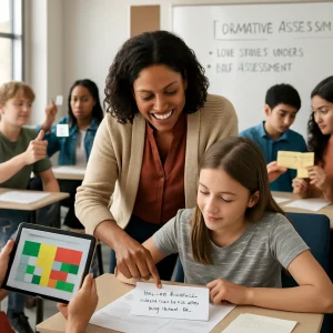 A warm, diverse teacher leans over a student's desk in a sunlit modern classroom, offering process-focused written feedback (handwritten note visible: "You used the formula correctly — here's how to think about why it works"). Nearby students hand in small exit tickets and give thumbs up/thumbs down, a pair of classmates conduct peer assessment with sticky-note checklists, and another student holds a tablet showing a color-coded score heatmap. A whiteboard in the background lists low-stakes checks and "self-assessment" bullets; the candid, shallow-depth-of-field composition centers the teacher-student interaction, highlighting collaboration, reflection, and growth.