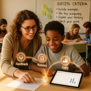 A warm, candid classroom moment: a teacher kneels beside a smiling student as they review a paper and a tablet screen showing a simple rubric and a small bar chart (class average and standard deviation). Sticky notes and a whiteboard list clear success criteria while an AR-style translucent GPS-like overlay hovers above the desk with a gentle curved path and three soft glowing pins for feedback, rubrics, and data; diverse classmates collaborate in the sunlit background, conveying metacognition, growth, fairness and emotional safety.