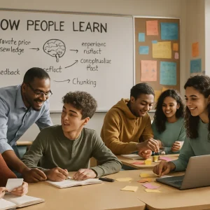 A warm, photorealistic wide shot of a modern, diverse classroom: a teacher leans in to give encouraging, specific feedback while a small group at a nearby table collaboratively builds a hands-on project with sticky notes and a laptop. Another student studies flashcards and writes in a notebook, pausing to reflect (metacognition). The background whiteboard clearly shows a simple diagram — a brain icon with arrows labeled 'experience → reflect → conceptualize → test' and short cues like 'Activate prior knowledge', 'Feedback', 'Chunking'. Candid expressions, colorful student work on the walls, realistic textures and shallow depth of field create a balanced composition with subtle negative space at the top left for a headline.