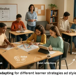 Photorealistic editorial view of a mixed-age classroom where teacher and students circulate between distinct learning zones — a Serialist corner with numbered step-by-step worksheets, a Holist table sketching a large concept map, a Lab bench hosting a hands-on simulation, a Quiet reflection nook with journal and timer, a Lectern area showing a theoretical framework, and a Pragmatist workspace building and testing a prototype. A subtle painted circular arrow on the floor links the stations; warm natural daylight, soft shadows, candid expressions and realistic textures create a balanced, high-resolution header image about adapting to different learner strategies and styles.