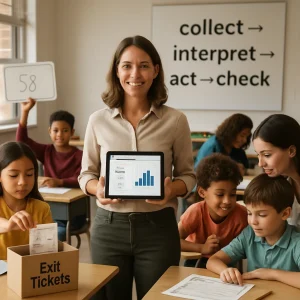 An intimate, photorealistic snapshot of a modern classroom where formative assessment is alive: a smiling teacher at center holds a tablet displaying a clear dashboard with class averages, a small standard‑deviation figure and a bar chart, while a poster behind reads "collect → interpret → act → check". Diverse students work in mixed‑ability groups—one raises a mini whiteboard answer, another drops a handwritten exit‑ticket into a box labeled "Exit Tickets" with a visible 1–4 confidence scale; a pair peer‑tutors and the teacher leans in for a quick 1:1 conference. A success‑criteria checklist sits on a desk; warm natural daylight, candid poses, shallow depth of field and high photorealistic detail make the learning moment feel immediate and hopeful.