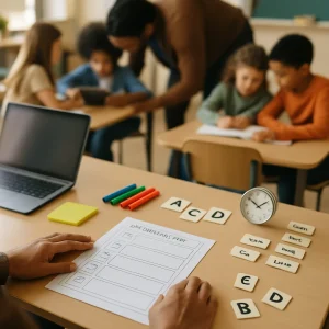 Warm, photorealistic overhead view of a teacher’s hands arranging a single‑page lesson‑plan template on a neat desk, the page showing clear layout and icon placeholders but no readable text; around it are a laptop and tablet with blurred screens, sticky notes, colored pens, letter‑card manipulatives, mini whiteboards with illegible scribbles, scaffold cue cards and a small clock. In softly blurred background diverse students work in small groups with one peer tutoring another and the teacher leaning in — a calm, organized moment that frames the translation of educational theory into practical classroom practice.