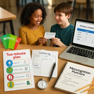 A photorealistic editorial shot of a wooden classroom table staged left-to-right: a colorful child’s “Two-minute plan” worksheet with simple step icons, fanned green/yellow/red monitor cards and a square sticky exit reflection showing three smiley faces labeled “I did it / I almost did it / I need help”; a middle-years open learning log headed “Plan | Monitor (one note) | Final evaluation,” a pen and two 11–13 year-old students of diverse backgrounds sharing a laminated “Strategy Swap” card; and an adult/student workspace with a laptop displaying a “Strategy comparison” table (Strategy A vs Strategy B: Time, Accuracy, Comfort, Choice), a binder labeled “Metacognition Portfolio — course skill” with dated notes, a stopwatch and pencils. Natural daylight, soft shadows and shallow depth of field give the clean classroom/café background an editorial, high-resolution look that highlights metacognitive routines across ages.