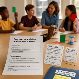 Editorial-style photograph: crisp close-up of a printed handout titled "Practical templates and sentence stems" on a wooden table, foreground in sharp focus with a three-line quick feedback box labeled "What worked:", "What to improve (one concrete thing):", "Next step to try (action):", a longer comment area with "1–2 sentences about strengths (linked to rubric)" and "1–3 specific improvements with instructions", a short metacognitive question in quotes and a self-assessment prompt "On a scale 1–5, how well did you plan? Evidence: ____ Goal for next time: ____"; nearby laminated cards show a conversational micro-feedback script (Teacher: "This part is clear. Try this: next sentence, state the reason, then give an example. Can you try that now?") and a peer-review mini-script using rubric criteria 2 and 3 with prompts "1 specific strength" and "Try…" and response "I'll try that by…"; around the table diverse students and a teacher interact — teacher modeling for two pairs while circulating, one student holds a green traffic-light card and another a red card; colored traffic-light cards and a 2-minute timer sit on the table beside a homework folder labeled "One fix return — 48 hours" with a sticky note "Prioritized fix: ___"; warm natural window light, shallow depth of field, realistic textures and skin tones, editorial composition ready for an article.