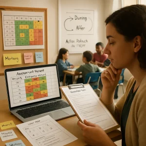 Documentary-style close-up of a thoughtful K–12 teacher in warm natural light, focused on a laptop and clipboard showing a spreadsheet with class average, standard deviation and item difficulty columns highlighted in red/amber/green conditional formatting. A printed 3-question exit ticket with confidence circles and an observation checklist are in the teacher's hand; nearby a mastery grid poster, sticky notes labeled Reteach, Small group and Extension, and an Action menu checklist sit on the table. In soft background, a whiteboard displays a Before/During/After micro-cycle and the note Action: Reteach or Deepen while diverse students work in small groups and a peer pair interacts; shallow depth of field, photorealistic textures and natural expressions emphasize the teacher's data-informed decision moment.