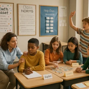 A warm, candid wide-angle view of a diverse middle-school classroom bathed in natural daylight: a teacher kneels at eye level, gently supporting a withdrawn student as they complete a low-demand task; nearby a cooperative small group works a jigsaw with clearly labeled roles, name cards and sticky-note reflections on the table; another child seeking attention is calmly redirected by a peer with subtle teacher guidance. Visible artifacts — a growth mindset poster, a co-created class norms chart, a Help Chain board, formative feedback sheets and exit tickets on a table — anchor the scene. High-resolution, documentary style imagery and authentic school materials emphasize inclusion of varied ethnicities, genders and abilities and convey a supportive atmosphere focused on relationships, identity and motivation.