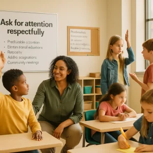 Photorealistic editorial of a warm elementary classroom during a short lesson on 'Ask for attention respectfully.' A diverse teacher kneels to give focused attention to a pre‑selected student while modeling a calm hand‑raise; nearby a pair role-plays appropriate vs inappropriate ways to ask for help and a triad practices together at a table; one child writes a quick exit-ticket on a sticky note. Sunlit, candid supportive expressions, classroom walls display a clear poster reading 'Ask for attention respectfully' and a small troubleshooting bulletin (predictable attention, replacement behaviors, proximity, public recognition, community meetings). Balanced composition leaves negative space for an article header; shallow depth of field and high-resolution photorealistic editorial style emphasize warmth, intention, and practical classroom routines.