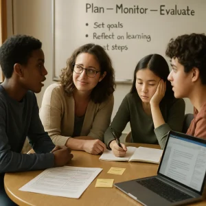 Documentary-style classroom scene: a teacher kneels at a round table with three students, one pausing with pen poised over a reflection journal. An open rubric and printed assignment show handwritten constructive comments and arrows, sticky notes list brief action steps, and a laptop displays inline comments while peers exchange conversational feedback. Warm natural light and shallow depth of field focus attention on thoughtful expressions and collaborative body language; a whiteboard in the background reads "Plan — Monitor — Evaluate" with simple bullet prompts. The composition captures formative feedback, metacognition, peer reflection, and goal-setting—an intentional moment of learning and growth.