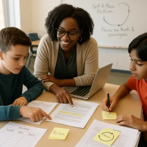 Photorealistic documentary-style shot of a bright modern classroom: a diverse teacher and three students gathered around a table reviewing papers and a laptop. On the tabletop an annotated essay shows colored margin notes reading "Clarify thesis", "Add evidence", "Revise conclusion"; a printed rubric with columns labeled "Exceeds / Meets / Developing" sits beside a highlighted exemplar page and a stack of papers marked "Draft 1" and "Revision" with a circular-arrow sticky note labeled "Revise." One student points to a highlighted sentence in the exemplar while another writes a 1–3 bullet sticky note with targeted next steps; the teacher leans in in a conversational, supportive pose. Warm natural light, shallow depth of field, a visible whiteboard with a simple feedback-loop diagram and the phrases "Self & Peer Feedback" and "Focus on task & strategies," high-resolution, candid educational moment.
