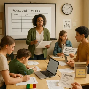 Warm mid-lesson photo of a diverse teacher doing a think-aloud at the front, pointing to a large projected planning template titled "Process Goal / Time Plan" while a wall clock marks the lesson timeline. Students sit in small clusters completing short planning templates and drafting on paper or laptops; desk "traffic light" cards (green/yellow/red) sit visible for a mid-task check and a pair of students conduct a 30-second partner check. The teacher holds a student draft with a pen, modeling one live revision, while another pair exchange a printed revision checklist and offer feedback labeled "one thing clear / one place unclear / one suggestion"; an exit-ticket box on a side table collects sticky notes reading "Which strategy helped most? One thing I'll try next time." Warm natural light and a shallow depth of field render crisp foreground details—the planning template, checklist, traffic-light cards and a rubric page labeled "Metacognition"—with candid focused expressions, realistic textures and an authentic classroom atmosphere.