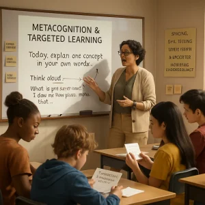 Photorealistic classroom scene of a diverse teacher modeling a think‑aloud metacognition lesson, writing and speaking as they annotate a whiteboard and a projected slide titled "Metacognition & Targeted Learning" with a clear process goal: "Today: explain one concept in your own words." Students of varying ages and ethnicities sit at desks — some complete reflection sheets showing the three prompts "What did I learn? What was hard? What will I try next?", others hold flashcards or small self-test quizzes, one student marking a spaced-practice calendar; sticky notes with brief strategy reminders and a poster listing "spacing, self-testing, summarizing, elaboration, monitor comprehension" are visible on the walls. Natural daylight, warm tones, shallow depth of field and high-resolution realism highlight focused, curious facial expressions and a clean composition suitable for an article illustration.