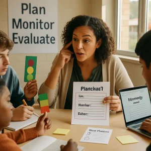 Photorealistic editorial scene of a modern secondary classroom where a diverse teacher models metacognitive strategies — seated at a table doing a think‑aloud while pointing to a printed planning template and a visible checklist labeled “Plan — Monitor — Reflect.” Engaged students of mixed ethnicities take notes: one holds a traffic‑light card, sticky notes and a two‑line journal lie on the table, another types a brief strategy log on a laptop while a peer fills out an exit ticket. Warm natural daylight, soft shallow depth of field with crisp focus on the teacher and planning template, candid expressions and realistic textures convey a calm, empowering mood ideal for an article header on student self‑regulated learning.