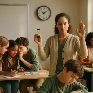 A warm, candid mid-shot of a modern classroom as a teacher holds a small sand timer and raises a hand to signal a 30-second warning; diverse students in pairs and micro-groups lean in to whisper, one partner jotting a short note while the other glances at an analog wall clock. Sticky notes and blank role cards dot the desks, a nearby teacher’s laptop screen is artfully blurred, and natural light with shallow depth of field highlights realistic textures and the focused collaborative moment with no visible text or labels.