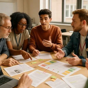 A photorealistic editorial-style classroom workshop: a diverse group of college-age students and an instructor cluster around a table strewn with printed essays covered in handwritten annotations and highlighted passages, credible-looking source articles, an open laptop with charts, and a printed rubric sheet showing four colored vertical columns with checkboxes (no legible text). Colored sticky tabs and thin threads visually link evidence to rubric rows; one student leads the discussion while others listen, point to annotations, and gesture in active, coordinated debate. Warm natural daylight, shallow depth of field, and high realism create an intimate, purposeful learning moment.