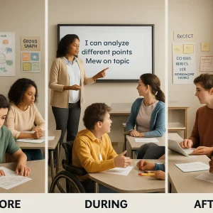 Photorealistic editorial triptych of a modern classroom illustrating a UDL lesson cycle: LEFT (BEFORE) — teacher with a tablet quickly checking prior knowledge as students complete 3‑minute concept maps and a short quiz; visible multiple representations (colorful diagram poster, tablet playing a short video, headphones), a choice board and scaffolded task tiers. CENTER (DURING) — teacher launches with a clear student‑friendly learning goal on an interactive whiteboard while students choose entry tasks, rotate through flexible small groups, use manipulatives and engage in peer discussion; formative checks (exit cards, thumbs up/down, one‑minute paper) and a metacognitive prompt poster (“What helps you understand this?”) are visible. RIGHT (AFTER) — teacher gives comment‑focused feedback with a rubric as a student revises on a laptop and records feedback on a phone; sticky‑note reflection prompts, a chart tracking choices and growth, and a “revision/retake” sign emphasize mastery. Diverse students and teacher (varied ethnicities, ages, abilities, one using a mobility aid), inclusion of low‑resource options like paper tools and phones, warm natural daylight, shallow depth of field, high resolution and clean composition suitable for an article header.