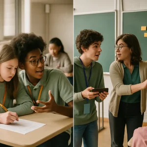 A photorealistic triptych classroom captured in documentary style: left, an individual student pens ideas beside a small sand timer; center, two students lean in for an animated discussion while one records with a smartphone and both wear different-colored lanyards; right, the teacher gestures with a stylus at a projected tablet and peels sticky notes from a board as students stand to share. Natural light, shallow depth of field, authentic props and expressive, diverse participants, with no readable text visible.