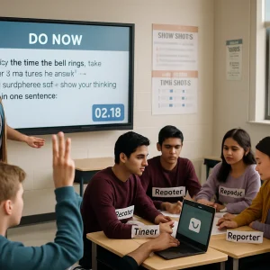 Photorealistic classroom moment: a teacher stands by a smartboard projecting a "Do Now" slide that reads "By the time the bell rings, take 3 minutes to answer — no phones out — show your thinking in one sentence" while a small hand chime sits on the desk and a student holds up three fingers as the transition signal; clusters of students work in labeled role stations (Facilitator, Recorder, Timekeeper, Reporter), one types a green emoji in a laptop chat for a tech-check, a visible countdown timer ticks on the projector, an exit-ticket drop box sits on a back table, wall posters show short scripts and timeboxes, natural window light and shallow depth of field give a candid documentary feel with realistic textures and skin tones.