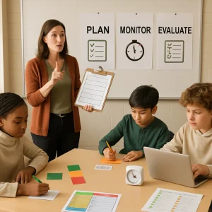 A warm, candid classroom scene where a teacher models the three core moves — Plan, Monitor, Evaluate — at a whiteboard with clear posters and a clipboard planning template, using a think-aloud gesture while simple icons (checklist, stopwatch, rubric) annotate the board. Diverse students at tables engage with sticky-note planning templates, traffic-light cards, an exit ticket, a laptop reflection, a visible timer and colorful graphic organizers; shallow depth of field and natural daylight give the image crisp, editorial photorealism ideal for an education feature.