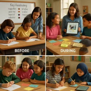 Warm, photorealistic tri-panel header of a single classroom labeled Before / During / After. Before: quick one-minute writes at desks as the teacher prompts at a whiteboard showing key vocabulary with small flag icons and picture symbols for Spanish, Arabic and Mandarin alongside bilingual visuals. During: pair-share and a teacher-led multimodal demo with photos and keywords on a tablet/board, mixed-language groups working around a table with colorful role cards, visible sentence-frame cards, hands-on materials and a clear project step. After: formative exit-slip moments — one student drawing, another writing a short sentence on a sticky note, a third recording a 30-second oral summary on a tablet or phone in a home language while the teacher glances at an open notebook with reflection prompts ('Which home languages did I hear?' 'What one change next lesson?') and a small sticky-note takeaway list reading 'Respect languages, anchor prior knowledge, translanguaging, visuals, formative assessment.' Subtle troubleshooting cues include a trusted peer sitting with a quiet student and L1 support cards; candid, inclusive student expressions, warm natural light, photorealistic textures and shallow depth of field, composition optimized for article layout.