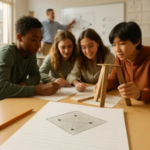 A documentary-style classroom moment centered on a close-up worksheet showing three non-collinear dots with a translucent plane through them; in the midground three diverse students huddle over pencils, rulers and paper building a simple three-legged stool prototype, one holding a cardboard leg to demonstrate stability, while in the background a teacher points to a whiteboard with the same three-point/plane diagram and a short checklist of green checkmarks. Warm natural window light, shallow depth of field, candid expressive faces, pinned sketches on the wall and realistic materials convey hands-on learning and collaborative problem-solving.
