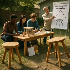 A sunlit, documentary-style classroom yard captures a blue three-legged wooden stool sitting solid on three contact points atop uneven grass and rock while a four-legged stool wobbles with one leg off the ground. Centered, a small, diverse group of middle/high school students kneel around a workbench building a yard stool from cardboard and wood—measuring with rulers, sketching plans, and consulting a checklist rubric and sticky-note reflections—while a teacher points to a whiteboard easel showing a clear triangle diagram labeled "three non-collinear points = plane" and a simple stool-leg sketch. High-resolution, realistic textures (wood grain, cardboard, grass, clothing), natural warm daylight, candid poses and a shallow depth-of-field keep the scene crisp and documentary-ready for an educational article.