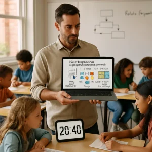 A warm, candid classroom scene where a teacher reviews a tablet showing a colorful bar chart with class average and standard deviation and a clear three-step graphic: 1) Diagnose (quiz sheet, clipboard, quick observation checklist), 2) Decide (icons for Remediation, Enrichment, Practice, Project, Social), 3) Form Groups (sticky notes with student names and a rotating-group schedule). In the foreground diverse small student groups collaborate at tables around a visible digital timer set to 20–40 minutes; a whiteboard in soft focus shows a simple flowchart and a reminder to rotate frequently. Natural daylight, shallow depth of field, realistic textures and expressions give a high-resolution, documentary-style portrayal of data-driven grouping in action.