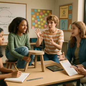 Candid editorial portrait of a diverse middle/high‑school group clustered at a table prototyping a three‑legged stool: one student tests it on an uneven floor while another sketches observations and two debate ideas, as the teacher kneels nearby offering scaffolded guidance and holding a checklist. The warm, naturally lit room displays the learning cycle on the whiteboard (Experience → Reflect → Conceptualize → Test), a wall of sticky‑note reflections, manipulatives and tablets with simulations, a formative rubric on a clipboard, and posters about collaboration and metacognition—a photorealistic, documentary 35mm composition that captures constructivist active learning in motion.