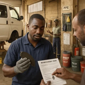 Documentary-style photorealistic scene in a small African automotive workshop: a minibus raised on jack stands and wooden cribbing; foreground a technician in a clean work shirt shows a worn brake pad to a client signing a one-page intake/consent form with a thumbprint; midground a supervisor leads a short toolbox talk with two technicians wearing low-cost PPE (rubber-soled boots, heavy gloves, improvised PET-bottle face shield); visible PPE station, organized tools, labeled waste drums and a sand bucket by a fire extinguisher; a battery tagged "DO NOT START" as simple LOTO, a laminated pre-job checklist taped to a pillar and a clipboard with near-miss/incident forms. Warm natural light, calm professional interaction, clear communication and practical low-cost safety adaptations against authentic African workshop textures and signage.