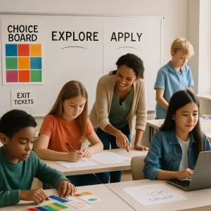 Photorealistic editorial image of a bright, modern middle‑school classroom where diverse students work at three labeled tiered stations (Explore/Apply/Create or Bronze/Silver/Gold). Candid, shallow‑depth‑of‑field composition shows one student with fraction strips, another filling a worksheet, a pair recording a short video on a laptop and assembling a poster, while the teacher circulates offering feedback. A colorful 3x3 choice‑board poster and a tidy stack of exit‑slip cards sit on the whiteboard/table; warm natural window light and clear visual hierarchy emphasize collaboration, low‑stress engagement, and student agency — perfect for an article header on differentiated instruction and meaningful choice.