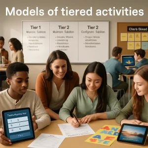 A photorealistic editorial 16:9 image of a modern classroom bathed in natural window light. Foreground: three diverse students at a table — one holds a tablet with an on-screen quiz modal reading "Please take the quiz to proceed" and multiple-choice buttons, a second signs a printed "Learning Contract" while a smiling teacher leans in, and a third assembles a colorful poster. Midground: a large whiteboard divided into three vertical panels labeled "Tier 1: Basic + Guided", "Tier 2: Moderate + Independent" and "Tier 3: Complex + Transfer" with short readable bullet examples; beside it, a bulletin board displays a tic-tac-toe choice board with sticky-note task cards. Background and side scenes show students conducting a small lab experiment, two students collaborating at a laptop viewing a simulation, and a pair engaged in a friendly debate; on a nearby table three finished products — a printed test, a poster, and a tablet showing a multimedia slideshow — complete the balanced, warm, high-resolution editorial composition with crisp detail and legible text.