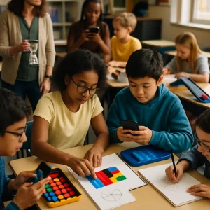 A candid, photorealistic classroom moment where diverse students in small groups use large easy‑grip fraction tiles, colored counters, measuring tape and a low ramp with a toy car and foam bumpers. A teacher circulates as a visible 10‑minute sand timer counts down; one central group physically aligns a manipulative arrangement beside a hand‑drawn abstract sketch while peers photograph and sketch with smartphones and notebooks. Warm natural light and shallow depth of field focus on collaborative body language and reflective pause—capturing the quiet questions: what did you do, what worked, what didn’t, how does this model map to the symbolic, and where might it fail in real life.