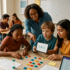 Photorealistic image of a bright, modern Grade 8 math class where diverse students work in small groups arranging colorful letter tiles into three-tile sequences. Warm natural light and shallow depth of field draw attention to hands and engaged faces as a student shows a mini whiteboard to a partner. A teacher leans in, pointing at a larger whiteboard with non-legible diagrams and arrows; a nearby laptop/tablet displays a blurred notebook page. Scattered worksheets, post-it exit tickets and a small sand timer on the table create a tactile, collaborative atmosphere of exploration and discovery.