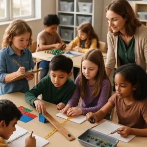 A warm, photoreal moment of a diverse classroom where small groups test and refine marble ramps and math manipulatives—fraction tiles, linking cubes, measuring tapes and stopwatches—students adjust a ramp, arrange tiles, jot observations and record timings on a clipboard while a teacher circulates and coaches; candid focused expressions, tidy kits and storage bins in the sunlit background, shallow depth of field and crisp realistic textures, no visible text or labels.